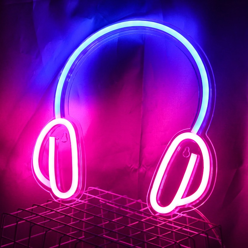 hörlurar - upplyst LED neonskylt logotyp hängande på väggen